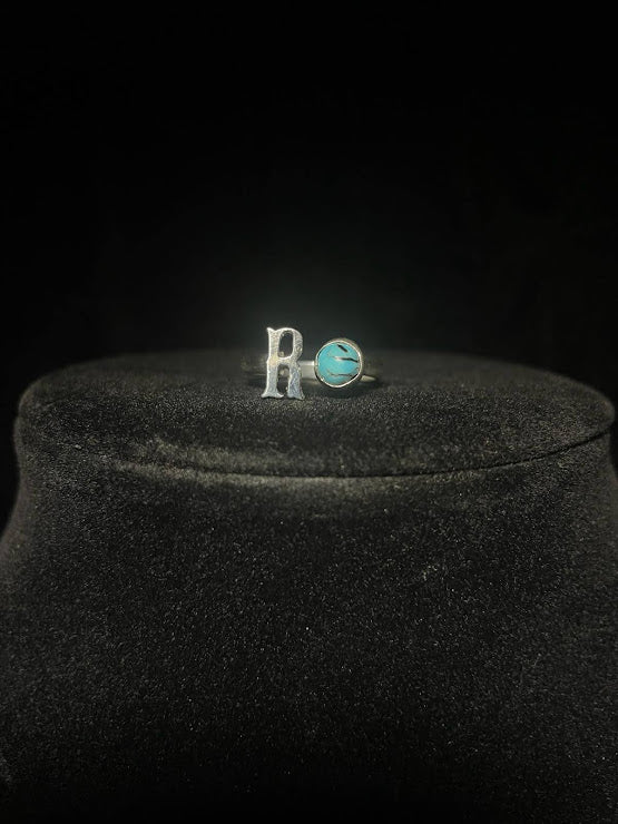 Sterling Silver Adjustable Initial Ring w/ Single Sonoran Turquoise - Regul Silver