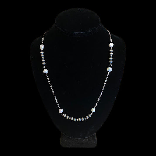 Navajo and Genuine Pearls in Sterling Silver Necklace - Regul Silver