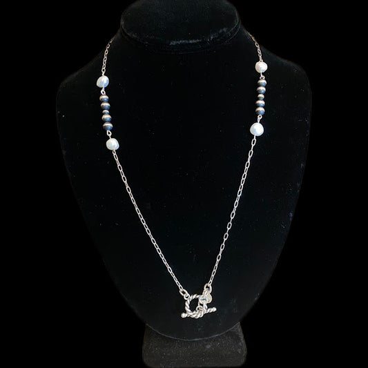 Navajo and Genuine Pearls in Sterling Silver Necklace - Regul Silver