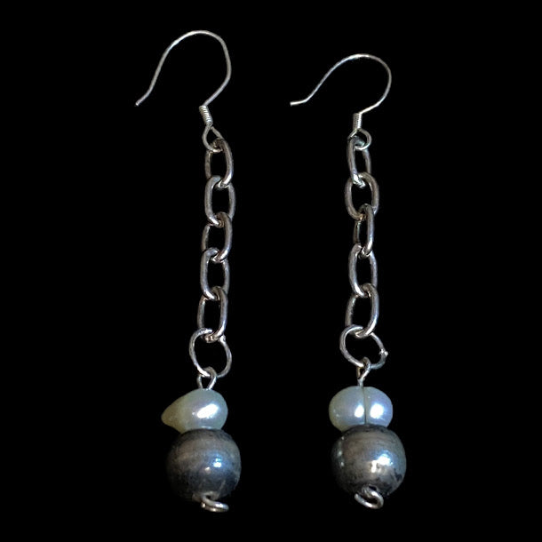 Navajo & Baroque Pearls Dangle Cable Link Earrings - Regul Silver