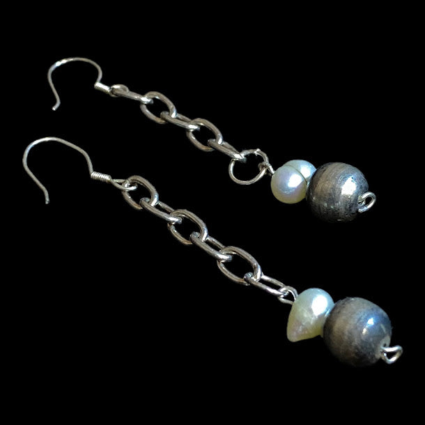 Navajo & Baroque Pearls Dangle Cable Link Earrings - Regul Silver