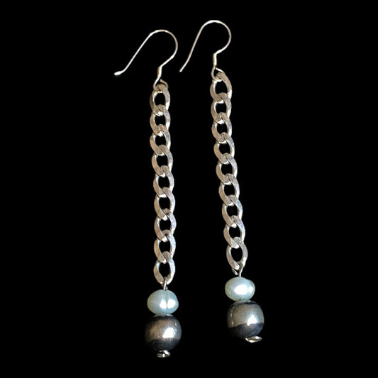 Long Navajo & Baroque Pearl Sterling Silver Earrings - Regul Silver