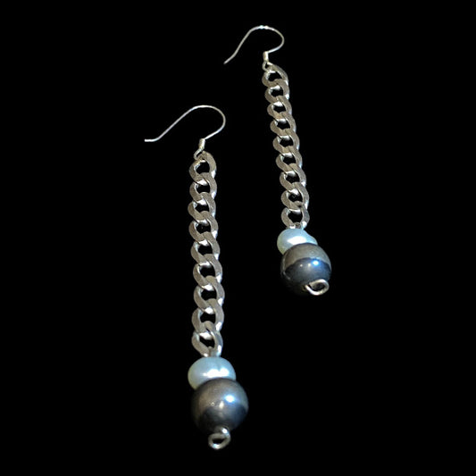 Long Navajo & Baroque Pearl Sterling Silver Earrings - Regul Silver