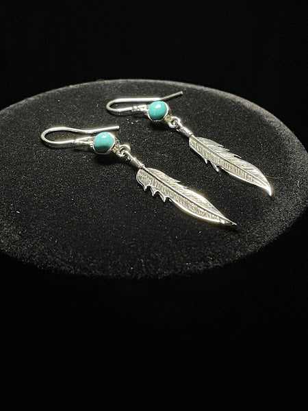 Sterling Silver Feather Western Style Turquoise Earrings - Regul Silver