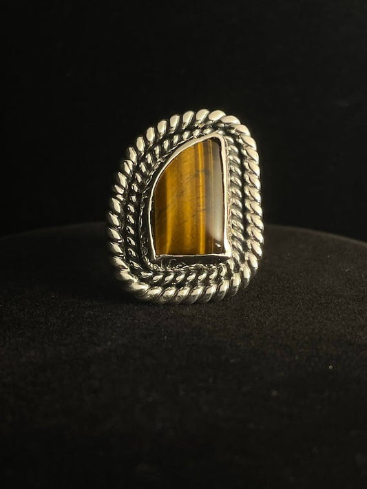 Uniquely Shaped Tiger's Eye Gemstone w/ Handcrafted Rope Design - Regul Silver