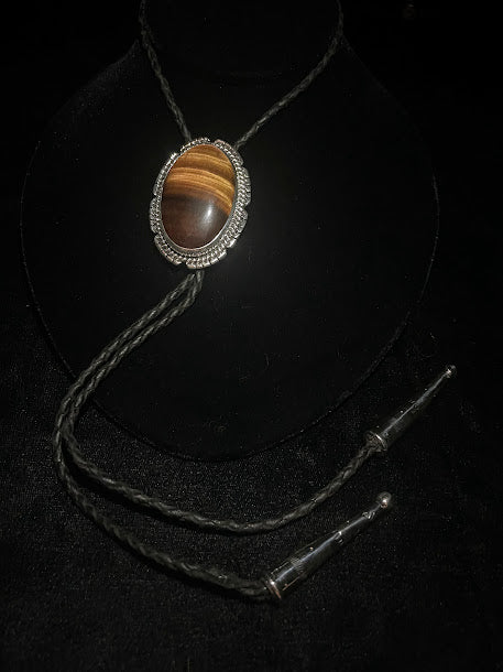 Genuine Tigers Eye & Real Leather | Bolo Tie - Regul Silver