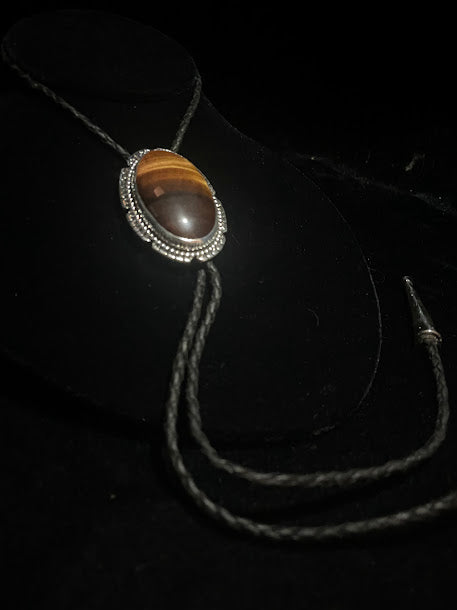 Genuine Tigers Eye & Real Leather | Bolo Tie - Regul Silver