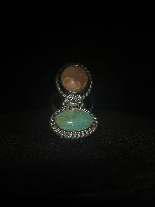 Natural Cantera Fire Opal & Turquoise Sterling Silver 2 Gem Ring - Regul Silver