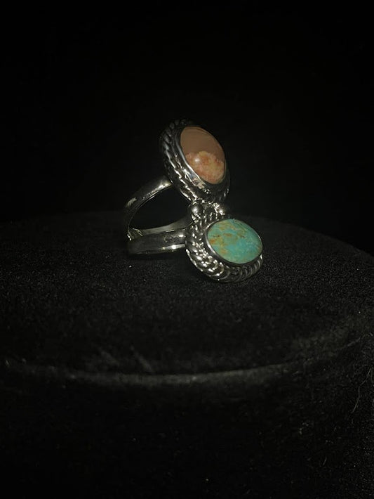 Natural Cantera Fire Opal & Turquoise Sterling Silver 2 Gem Ring - Regul Silver