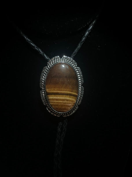 Genuine Tigers Eye & Real Leather | Bolo Tie - Regul Silver