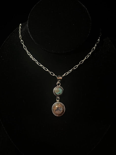 Boho Western Drop Necklace With Real Turquoise & Fire Opal - Regul Silver