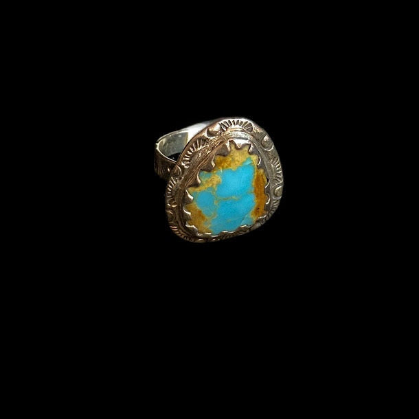 Artisan Stamped Band| Real Turquoise Sterling Silver Ring. - Regul Silver