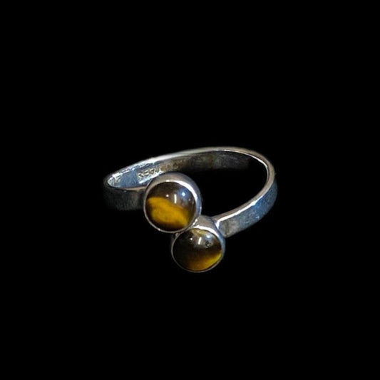 Tigers Eye Twin Stone Sterling Silver Adjustable Ring - Regul Silver