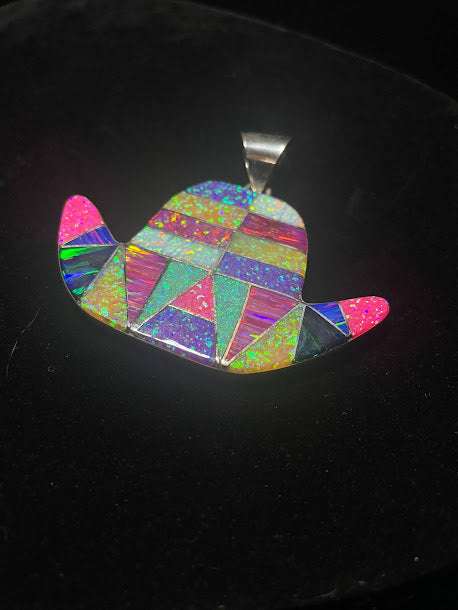 Genuine Lab Opal Cowboy Hat Pendant - Regul Silver