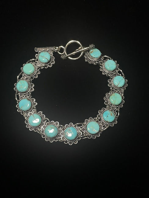 Genuine Turquoise Floral Chain | Western Rodeo-Themed Bracelets - Regul Silver