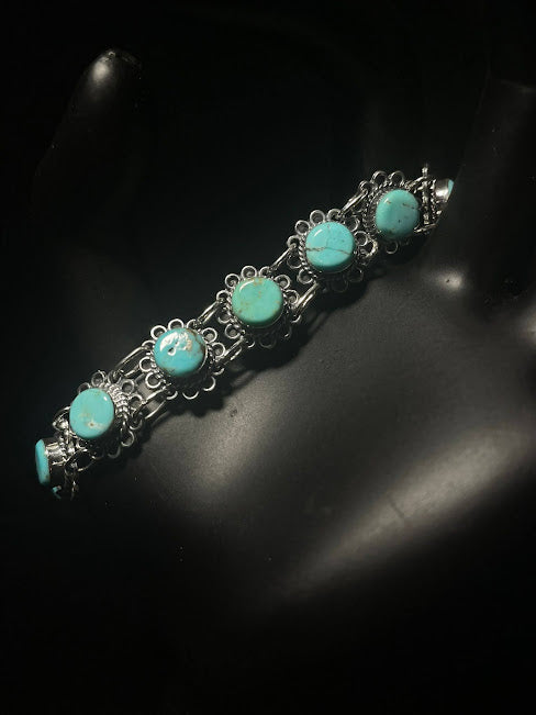 Genuine Turquoise Floral Chain | Western Rodeo-Themed Bracelets - Regul Silver