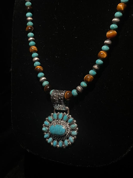 Handcrafted Navajo Pearl Necklace with  Real Turquoise & Tiger’s Eye| Cluster Pendant