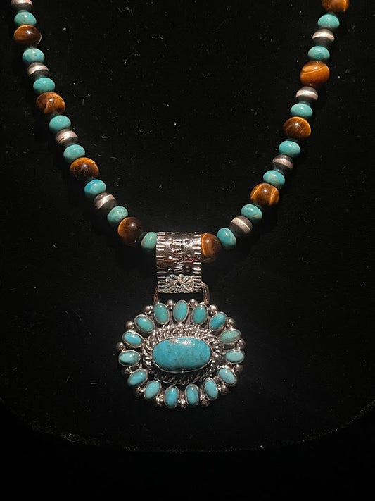 Handcrafted Navajo Pearl Necklace with  Real Turquoise & Tiger’s Eye| Cluster Pendant - Regul Silver