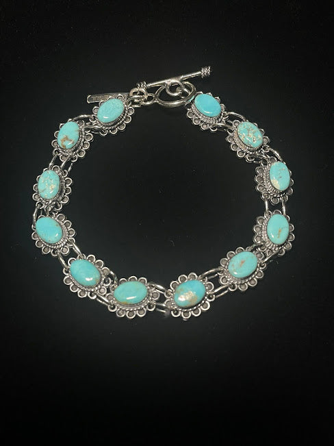 Genuine Turquoise Floral Chain | Western Rodeo-Themed Bracelets - Regul Silver