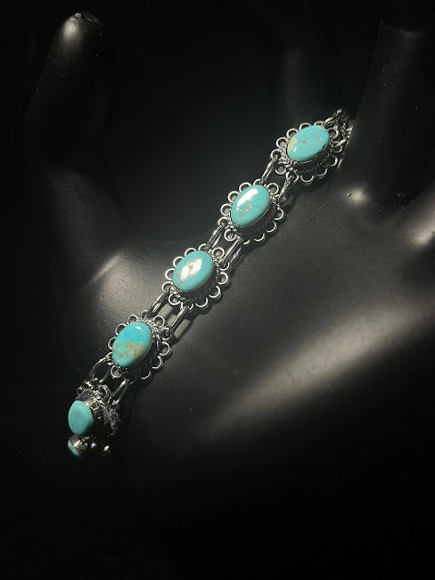 Genuine Turquoise Floral Chain | Western Rodeo-Themed Bracelets - Regul Silver