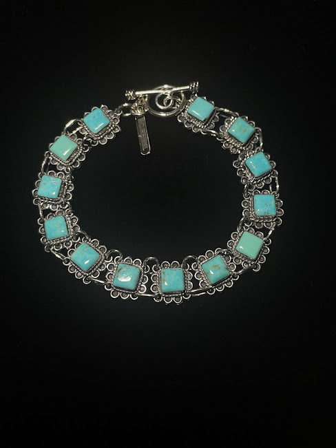 Genuine Turquoise Floral Chain | Western Rodeo-Themed Bracelets - Regul Silver