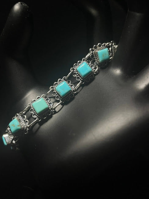 Genuine Turquoise Floral Chain | Western Rodeo-Themed Bracelets - Regul Silver